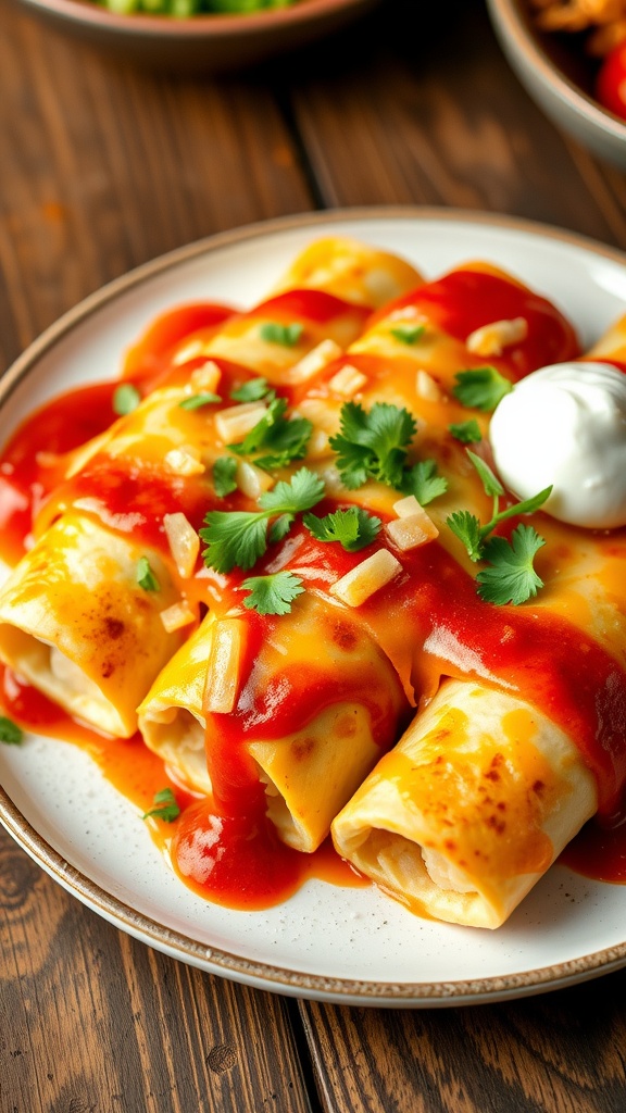 Cheesy potato enchiladas topped with enchilada sauce and cheese, garnished with cilantro and sour cream.